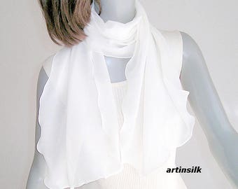 Natural White Silk Scarf 100% Silk Chiffon 8mm, Sheer Mulberry Silk, 15x48 Inches, 11x64 Inches, 17 x 52 Inches, Wavy edge, Artinsilk