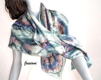 Silk Square Scarf Hand Painted Pure Silk, Unique Hand Dyed Wrap, Earth Tones Sage Black Brown, by Jossiani