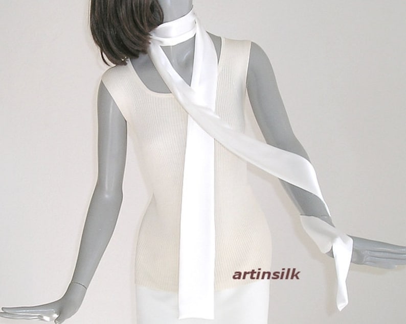 White Silk Skinny Scarf Tie Belt Narrow Sash Bridal Sash image 1