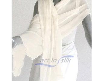 Ivory Shawl Wrap 100% Silk Chiffon Wedding or Formal Scarf, 18" x 76", one of a kind, Artinsilk.