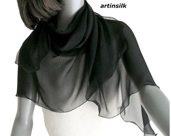 Black Silk Scarf, Mulberry Natural Chiffon Sheer Wrap, Petite Small 17x46", Artisan Handmade, Artinsilk.