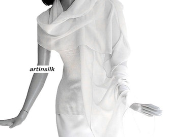 Silk Shawl Hand Hemmed  Charmeuse  or Silk Crêpe 16momme, 100% Luxurious Made to Order,  Natural White,  Artinsilk