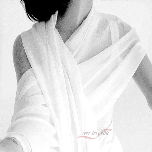 Silk Shawl Bridal Wedding Silk Chiffon 8mm Wrap Sheer, Long Coverup, Natural White Color, Artinsilk.