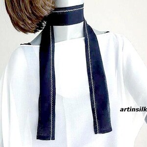 Black Silk Sash Skinny Scarf, Thin Silk Belt with White Stitch, Hat Band, Petite Small 17x45&quot;  One of a Kind, Artinsilk.
