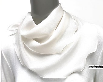 Silk Crepe Scarf Square Unique Neck Kerchief, Natural white, Petite S 20x20", One of a kind, Artinsilk