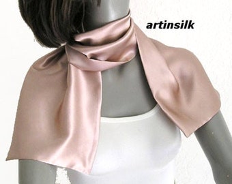 Rose Dust Silk Scarf, Pure Silk Charmeuse, Luxury Petite and Medium Neck Scarf,  Artisan Handmade, Gift for Girl, Artinsilk.