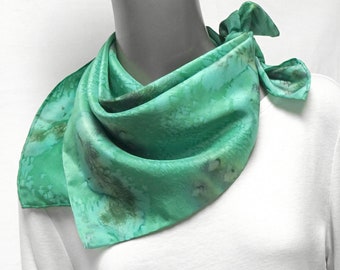 Hand Painted Silk Scarf Neck  Kerchief Hand Hemmed, Unique Hand Dyed Greens Grays, Artisan Handmade, Jossiani.