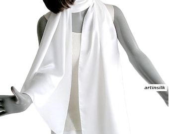 Silk Charmeuse Scarf Wrap 100%  Pure Silk, Natural White, Finely Hand Rolled, Gift for Groom, Artinsilk.