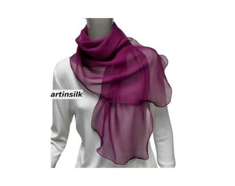 Silk Chiffon Scarf Burgundy Dark Pink Wine Neck Wrap, 13" x 54" Petite S M,  Gift for Women,