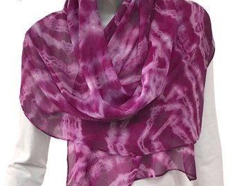 Pink Scarf Magenta Fuchsia Shibori Tie Dye Silk Wrap Orchid, Natural Chiffon 17x52 Inches Shawl, Handmade  by Artist Jossiani.