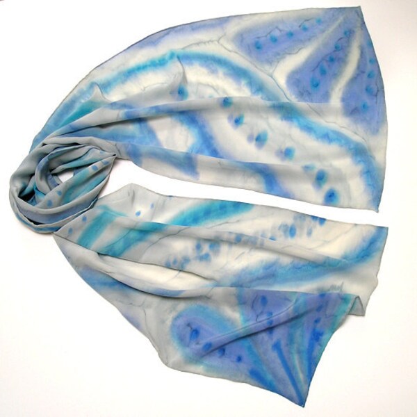 Unique Gray Scarf Powder Dusk Blue Hand Painted Silk Ice Blue Accents, JOSSIANI