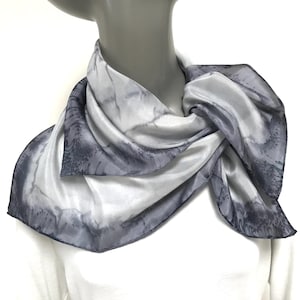 Silk Square Scarf Hand Painted Pure Silk, Unique Hand Dyed Gift for Women, Natural White and Grays, by Jossiani