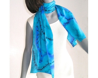 Turquoise Blue Silk Scarf, Unique Hand Painted Silk, Teal Classic Cerrulean Blue Scarf, One of a Kind, Artisan Handmade, Jossiani,