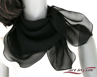 Black Square Sheer Scarf, Emerald Green Pure Silk Chiffon, 24"x 24", Petite Shoulder Scarf, Pure Silk Chiffon, Artinsilk