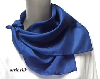 Navy Blue Pure Silk Scarf Hand Hemmed, Black Silk Neck kerchief,  19" 20" 21" 22", Dark  Sapphire Blue, 100 % Pure Silk Artinsilk.