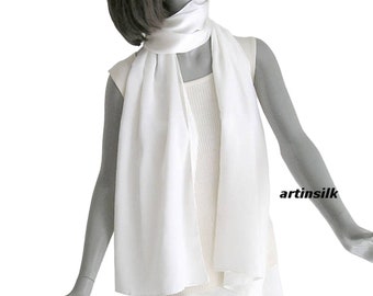 Natural White Silk Satin Scarf Hand Hemmed 100% Pure Mulberry Silk, Hand-Hemmed, Artinsilk.