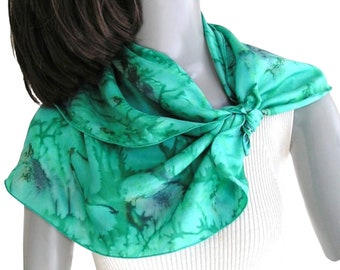 Hand Painted Unique Silk Scarf Small Neck Kerchief Emerald Green Moss Gray, One of a Kind by Jossiani