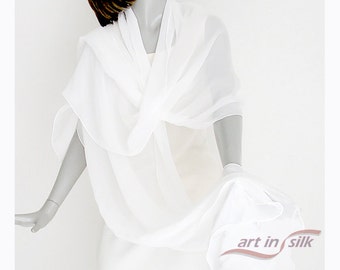 Silk Crepe 12mm  White Wedding Shawl Coverup, Bridal Wrap,  Soft White Medium 21X70", Gift for Women, Finely Hand Hemmed.