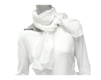 Pure Silk Chiffon 10mm Small Scarf, Natural White, Petite Wrap Girl Teenager, Soft Wavy Edge, Artinsilk.