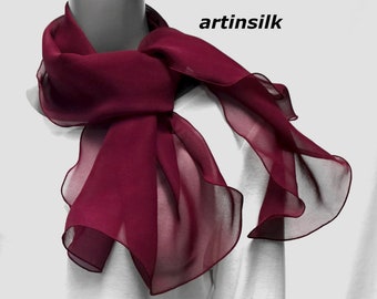 Pure Silk Chiffon Scarf Wine Burgundy Pink, Petite Shawl, Emerald, Sand Beige, Apricot Peach, Artinsilk