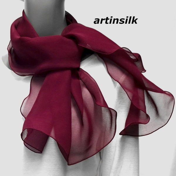 Pure Silk Chiffon Scarf Wine Burgundy Pink, Petite Shawl, Emerald, Sand Beige, Apricot Peach, Artinsilk