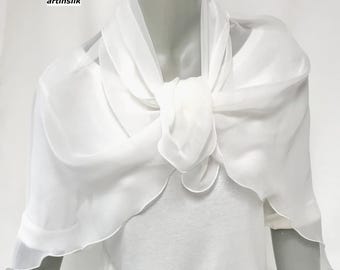 Oblong Shoulder Scarf 100% Pure Silk Chiffon 8mm, Small /Medium,  Special Occasion sheer white scarf,  Shoulder Arms Coverup, Ready to Ship.
