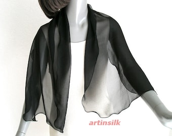 Black Silk Chiffon Scarf, Petite S XS M Shawl, Small Sheer Shoulder Stole, 22x50', Artinsilk.