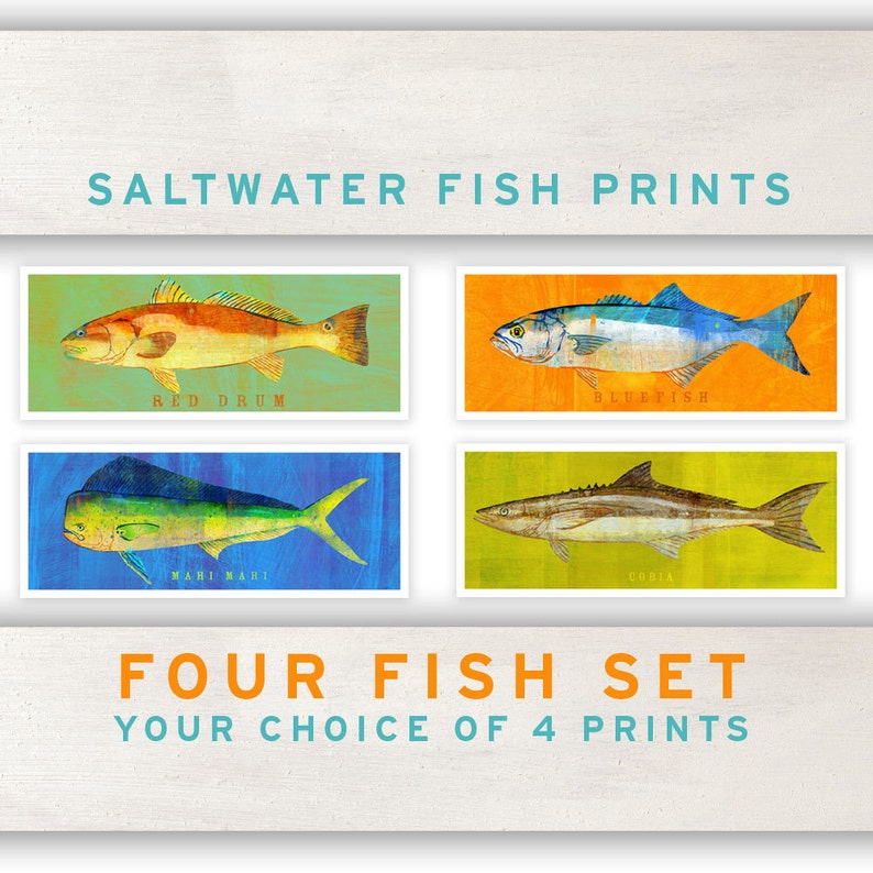 Beach Decor Gifts for Him Fish Gifts Sea Life Art Prints Fish Artwork 4 Medium Fish Pick 4 Fish Prints 4x11 Saltwater Fish Art