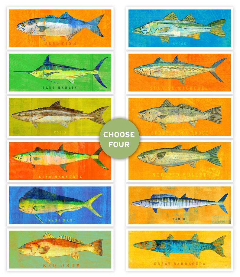 Beach Decor Gifts for Him Fish Gifts Sea Life Art Prints Fish Artwork 4 Medium Fish Pick 4 Fish Prints 4x11 Saltwater Fish Art