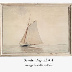 Muted Sailboat Watercolor Painting, Muted Vintage Print, Printable Wall Art, Lake House Decor, Sailboat Art Print,Vintage Seascape
