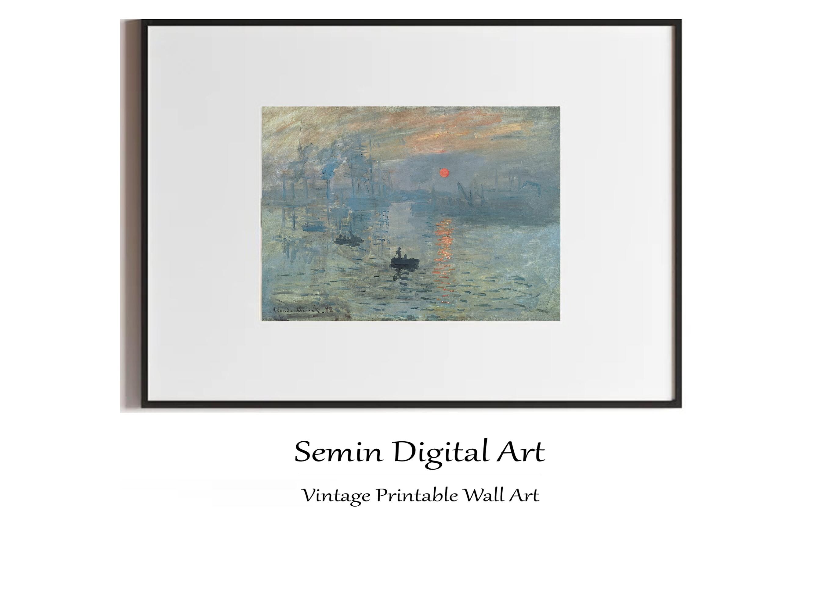 モネの印象派「日の出の絵画：川の風景」の印刷可能なアート（デジタル