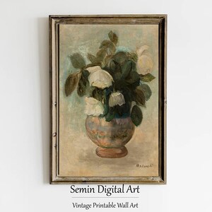 Vintage White Roses Painting: Antique Floral Still Life Art (Printable)