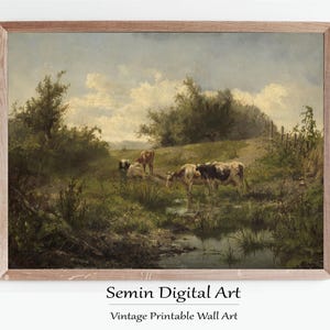 Grazing Cows Rustic Valley Painting for Digital Download, Cows Painting, Vintage Art Print, Cottage Core Art,Moody Landscape,Country Scenery