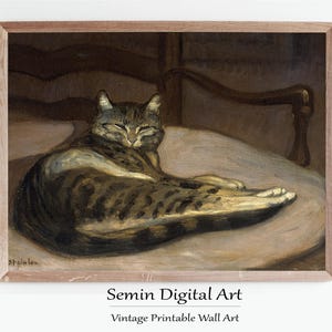 Lounging Tabby Cat, Antique Feline Portrait Painting for Digital Download, Vintage Animal Printable Wall Art,  Moody Fine Art Print Decor