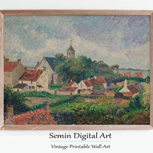 European Village Print, Rustic Vintage Landscape Wall Art, Belgian Country Village Digital Download,Moody Farmhouse Decor,Landscape Painting