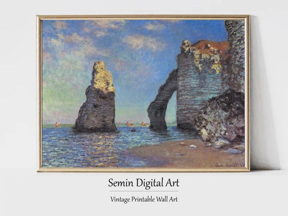 モネの「エトルタの断崖」絵画、ヴィンテージ海岸海景画（デジタル