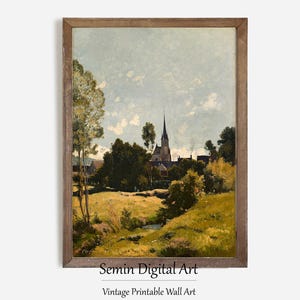 Vintage Village Church Art Print: Rustic Farmhouse Landscape (Digital Download)
