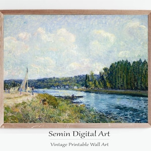 Stampe antiche di fiumi, stampe murali di paesaggi estivi vintage, scene naturali stampabili digitalmente, fogliame verde, decorazioni rustiche rurali, regalo