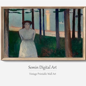 Edvard Munch Summer Night&#39;s Dream, Modernist Coastal Landscape, Vintage Woman Portrait Print, Printable Wall Art, Digital Download