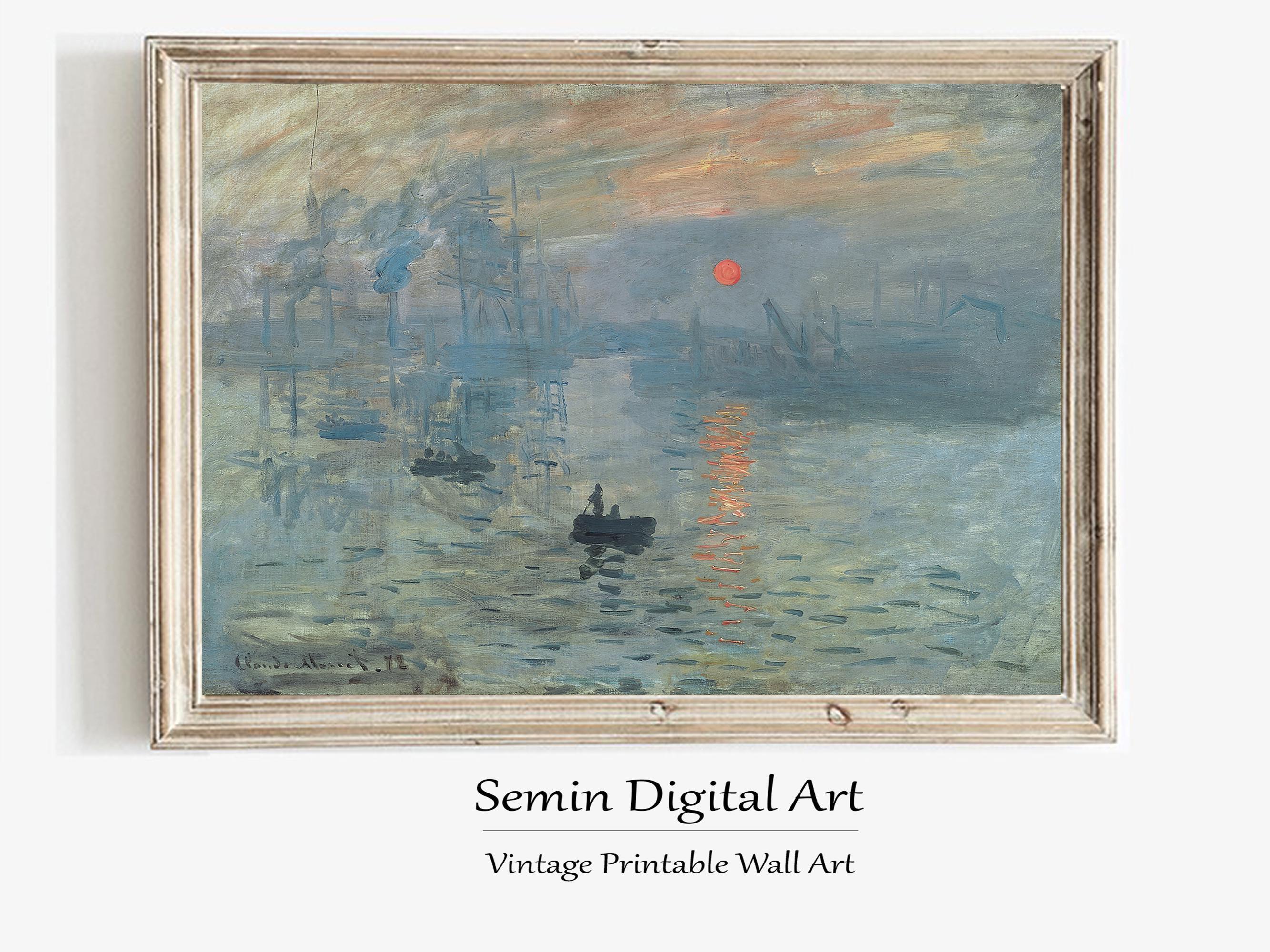 モネの印象派「日の出の絵画：川の風景」の印刷可能なアート（デジタル