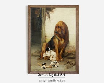 アンティーク犬の絵画：素朴な農家の静物画（デジタルダウンロード