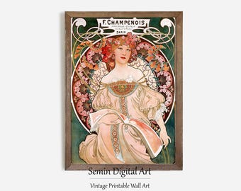 Alphonse Mucha Art Nouveau Poster Print, Vintage Decorative Woman Wall Art