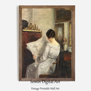 Figurative Art,Woman Portrait, Vintage Interior With Woman Reading, Victorian Portrait, Oil Painting Print, Moody Wall Decor, Carl Holsøe
