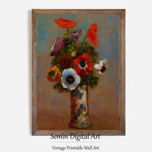 Vintage Anemones Floral Art Print: Still Life Painting (Digital Download)