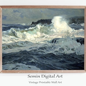 Vintage Seascape Painting: Neutral Beach Art Print (Digital Download