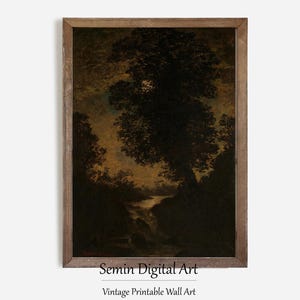 Antique Nighttime Landscape Painting for Digital Download, Dark Forest Wall Art, Forest Oil Painting, Dark Academia Decor, Moonlit Landscape