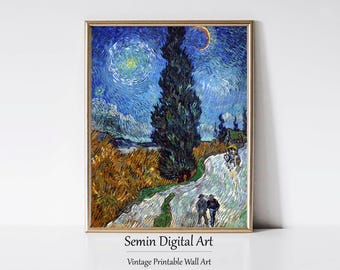 Van Gogh Print: Road with Cypress and Star, Impressionist Landscape (Digital Download)
