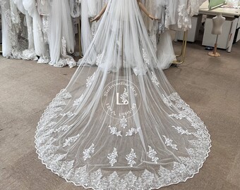 Bohemia Sequins Flowers Bridal Veil,Lace Tulle Wedding Veil,Long Veil,Flowered Veil,Soft veil,Dreamy Unique Bridal Veil,Custom veil