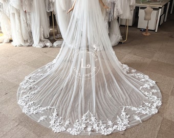 Voile de mariée fleur 3D blanc avec perles/feuilles Voile de mariée, long voile de dentelle, brodé à la main, voile doux, voile de mariée fleurs de rêve, voile personnalisé