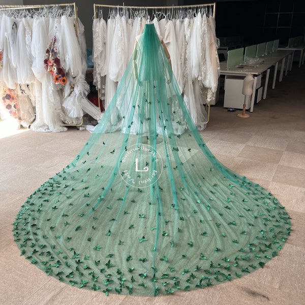 Emerald Green Lace Scattered Butterfly Cathedral Wedding Veil,Green Butterfly Veil for Bride, Dreamy Butterfly Wedding Veil,Custom veil
